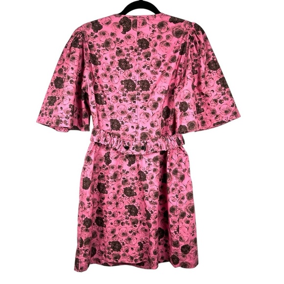 GANNI Rose Print Organic Cotton Pink & Black Rose Print Wrap Dress Size 6 - Picture 6 of 10